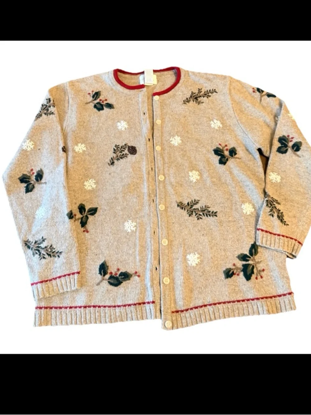 Vintage Cardigan Hand embroidered Christmas sweater berry holly snowflakes SzL - Picture 1 of 4